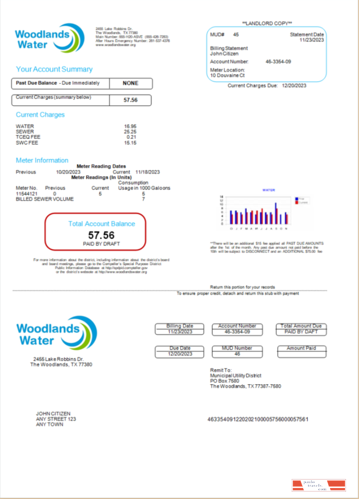 USA WOODLANDS WATER utility bill Word and PDF template